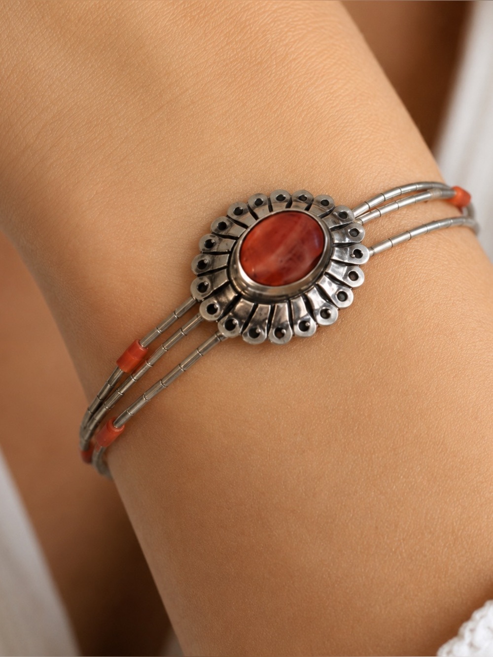 Native American Sterling Silver Coral Bracelet 6.75 Inches